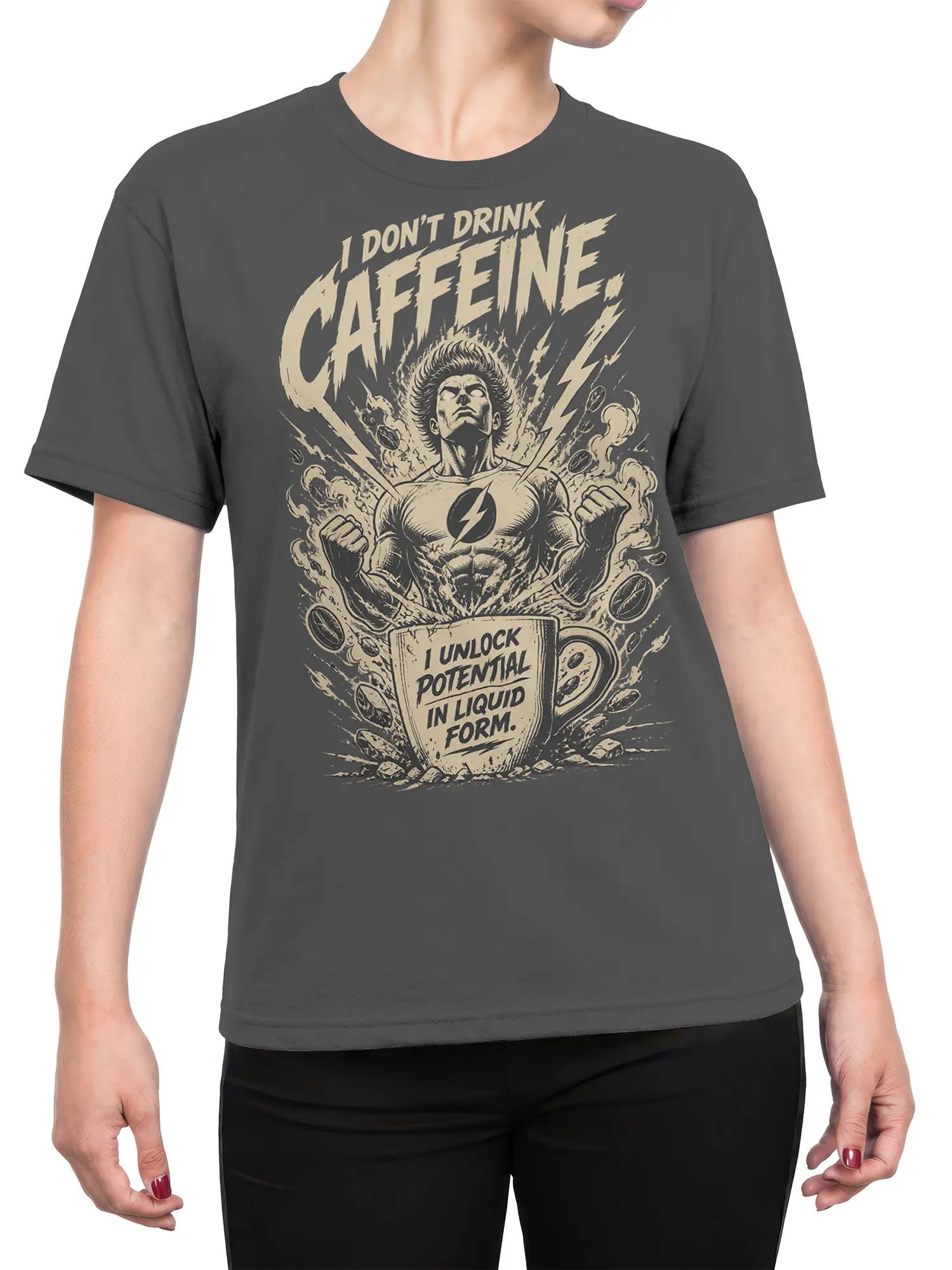 Female torso wearing a gray coffee T-shirt with a comic hero, lightning bolts, and caffeine slogan