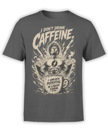 Gray coffee T-shirt with a muscular hero, lightning bolts, coffee cup, and liquid potential slogan