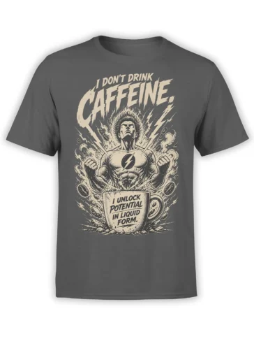 Gray coffee T-shirt with a muscular hero, lightning bolts, coffee cup, and liquid potential slogan