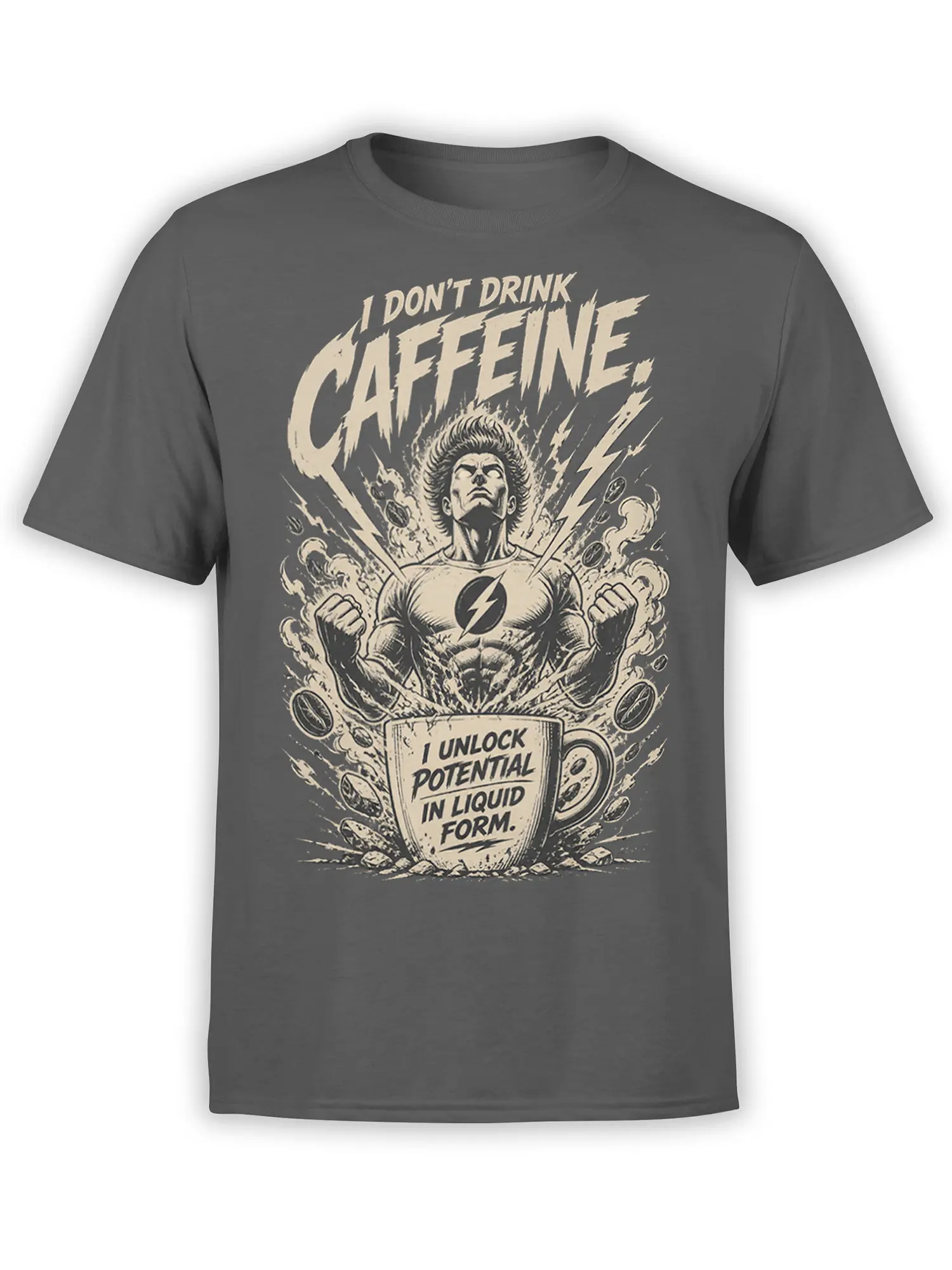 Gray coffee T-shirt with a muscular hero, lightning bolts, coffee cup, and liquid potential slogan