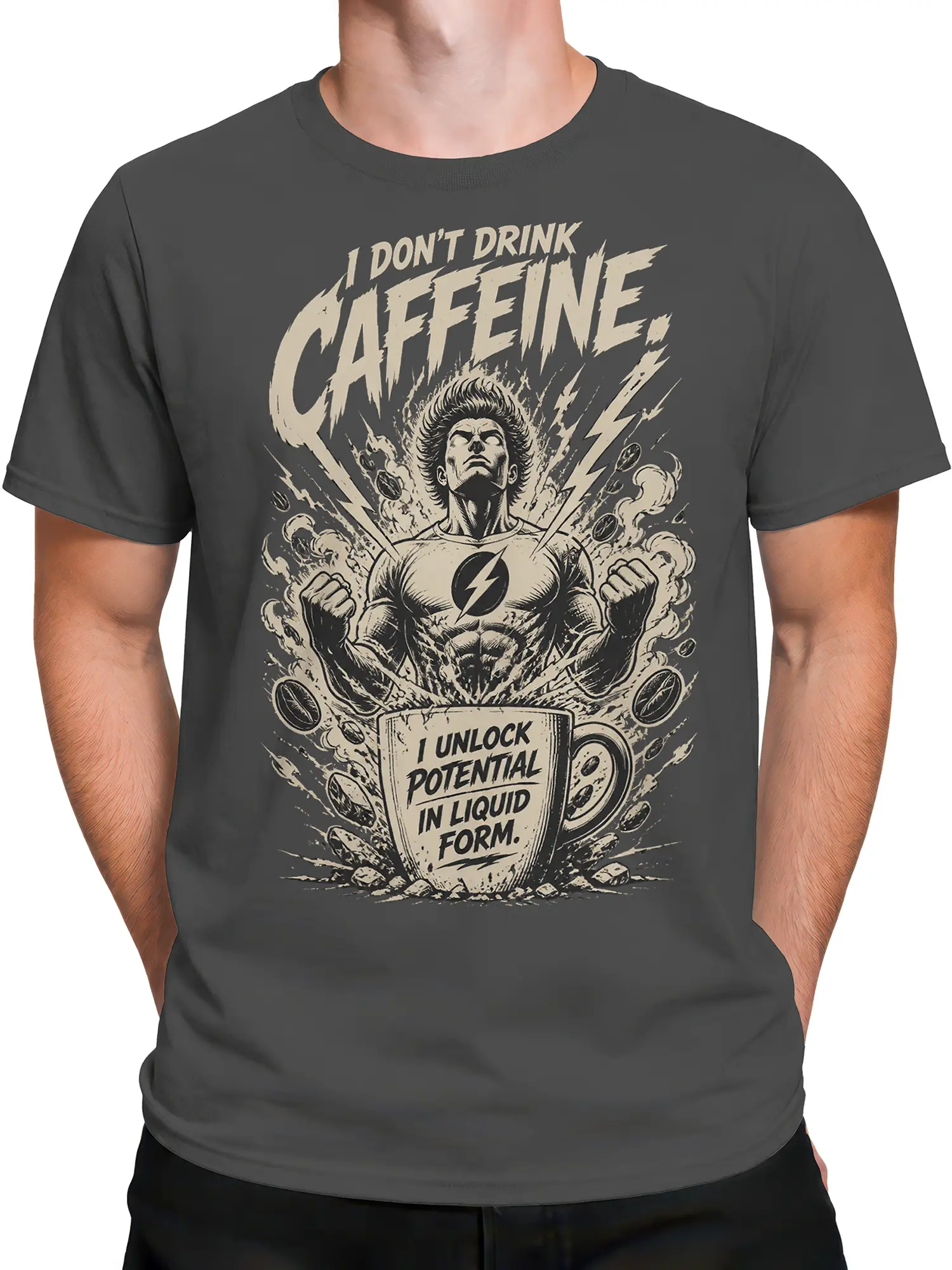 Male torso wearing a gray coffee T-shirt with muscular hero artwork and liquid potential slogan
