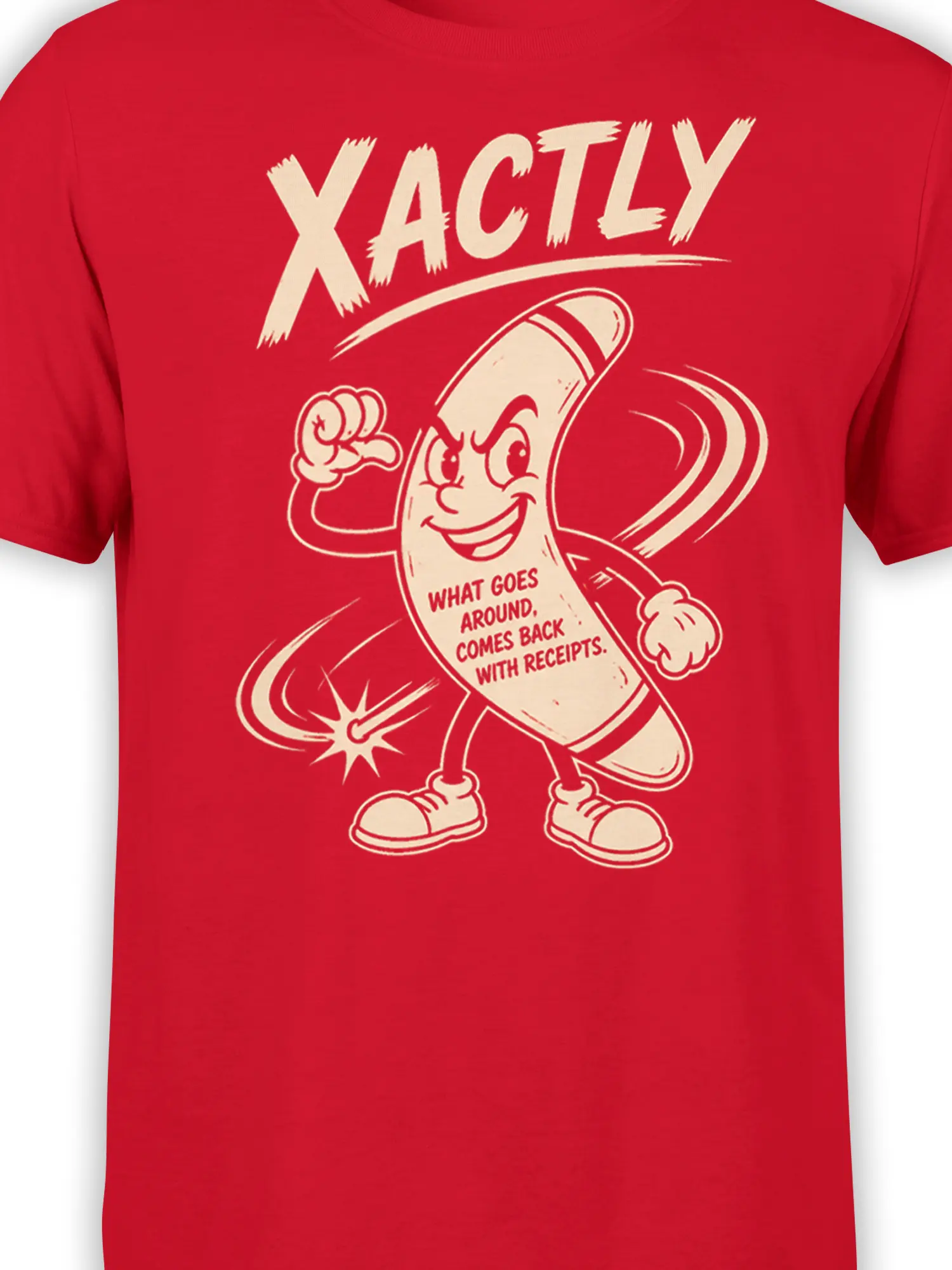 Close-up of the cartoon banana character and receipts message printed on a red T-shirt