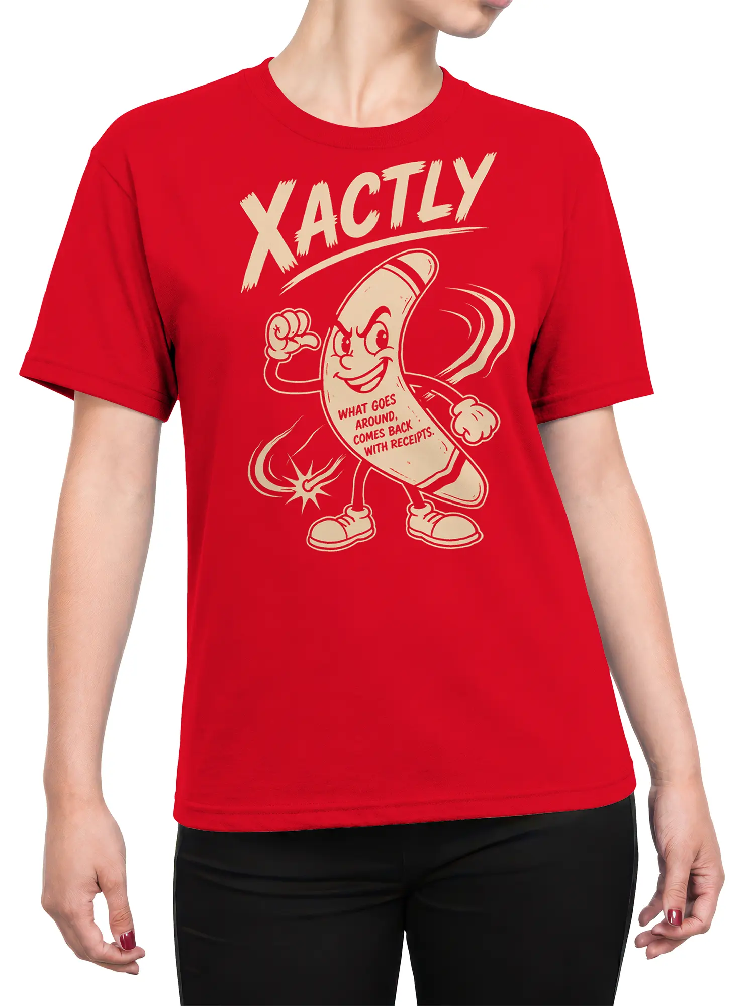 Female torso wearing a red banana graphic T-shirt with a witty karma message