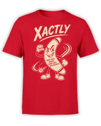 Red T-shirt with a grinning cartoon banana, XACTLY lettering, and a witty receipts message