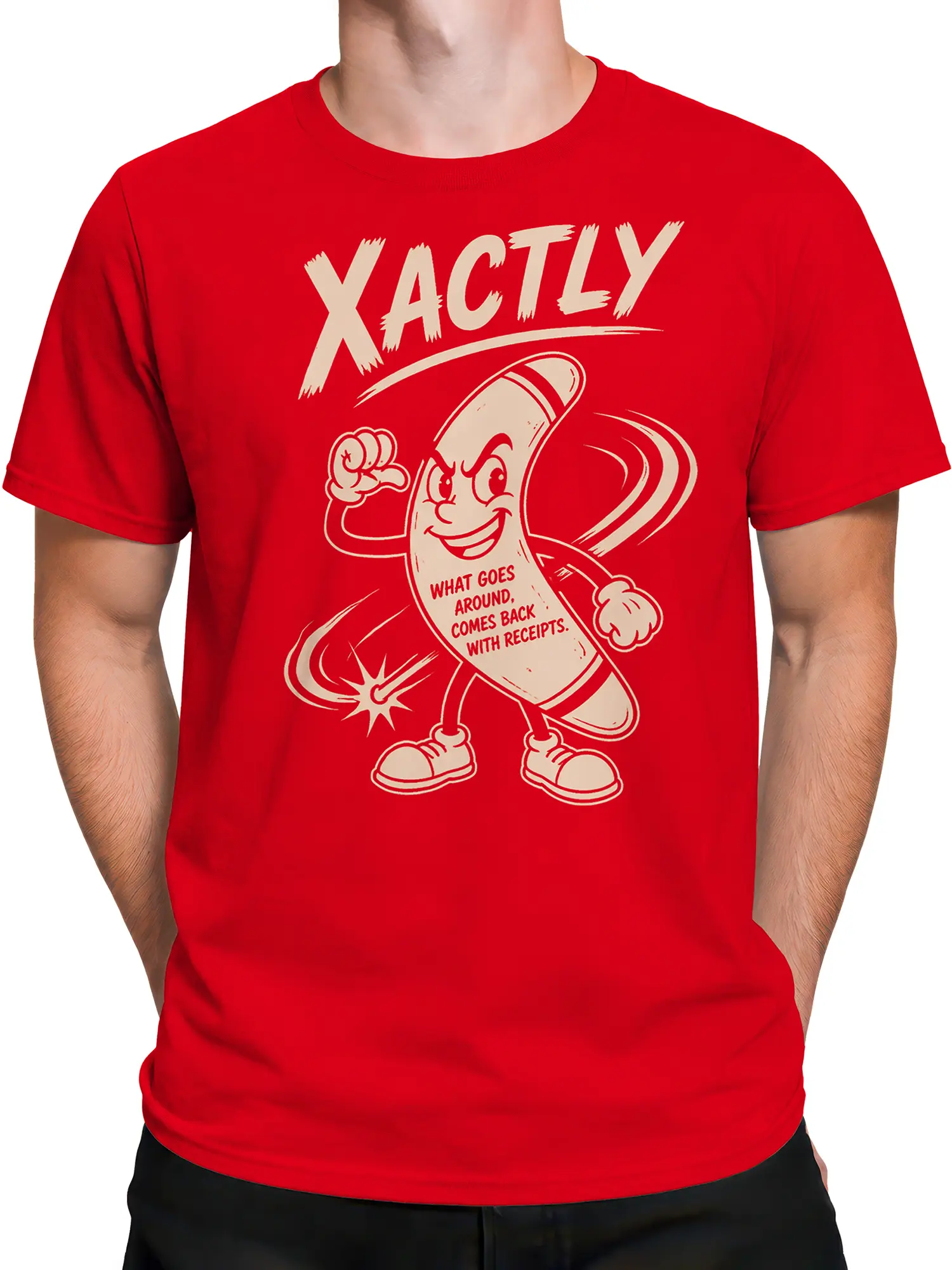 Male torso wearing a red cartoon banana T-shirt with a receipts slogan