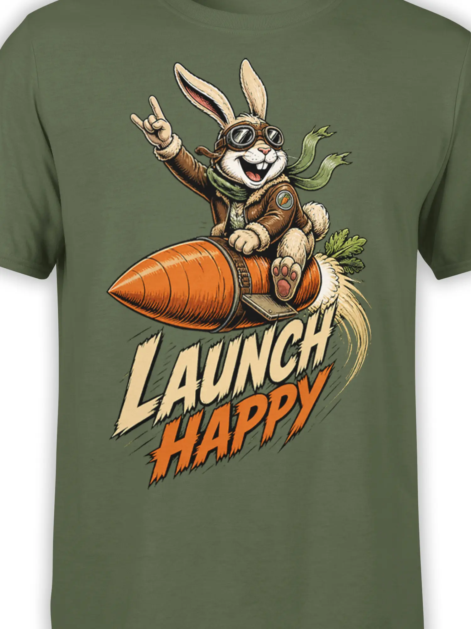 Close-up of aviator bunny, carrot rocket, and distressed “LAUNCH HAPPY” artwork on olive green fabric