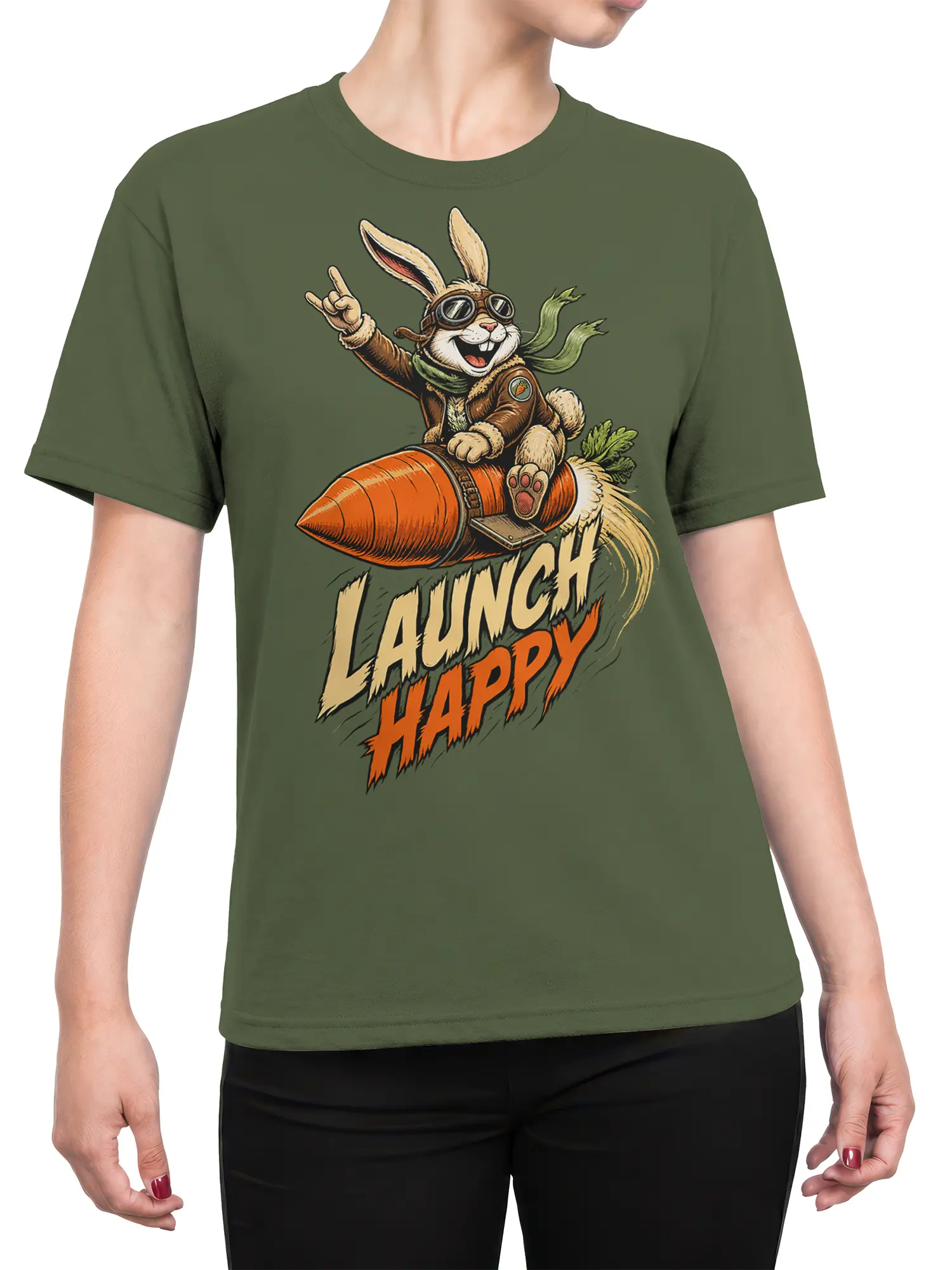 Female torso wearing an olive green T-shirt with a vintage aviator bunny rocket design and “LAUNCH HAPPY” text