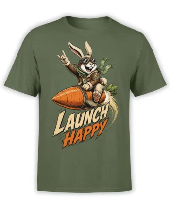 Vintage aviator bunny riding a carrot-shaped rocket with “LAUNCH HAPPY” text on an olive green T-shirt