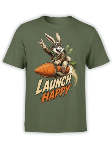 Vintage aviator bunny riding a carrot-shaped rocket with “LAUNCH HAPPY” text on an olive green T-shirt