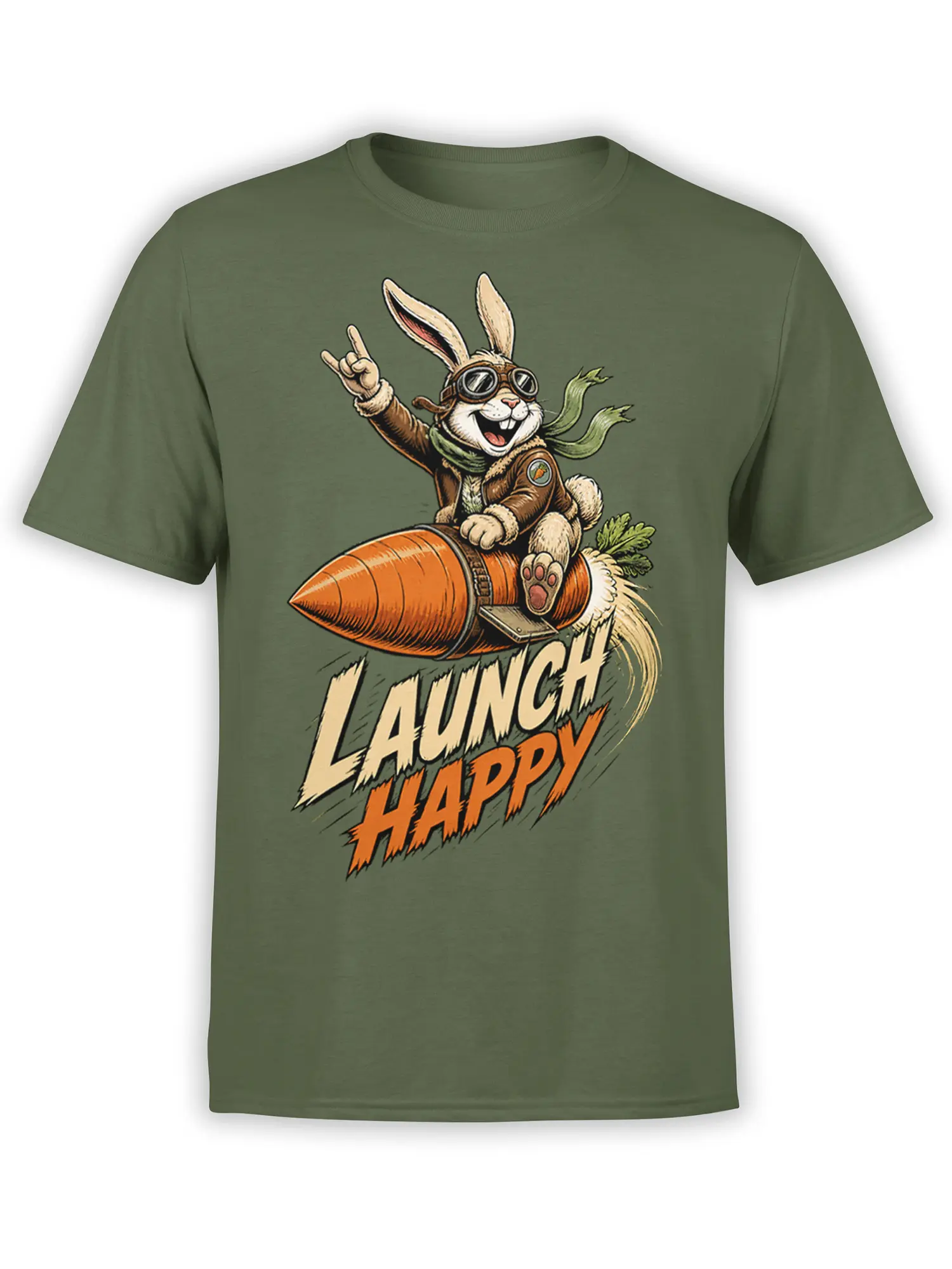 Vintage aviator bunny riding a carrot-shaped rocket with “LAUNCH HAPPY” text on an olive green T-shirt