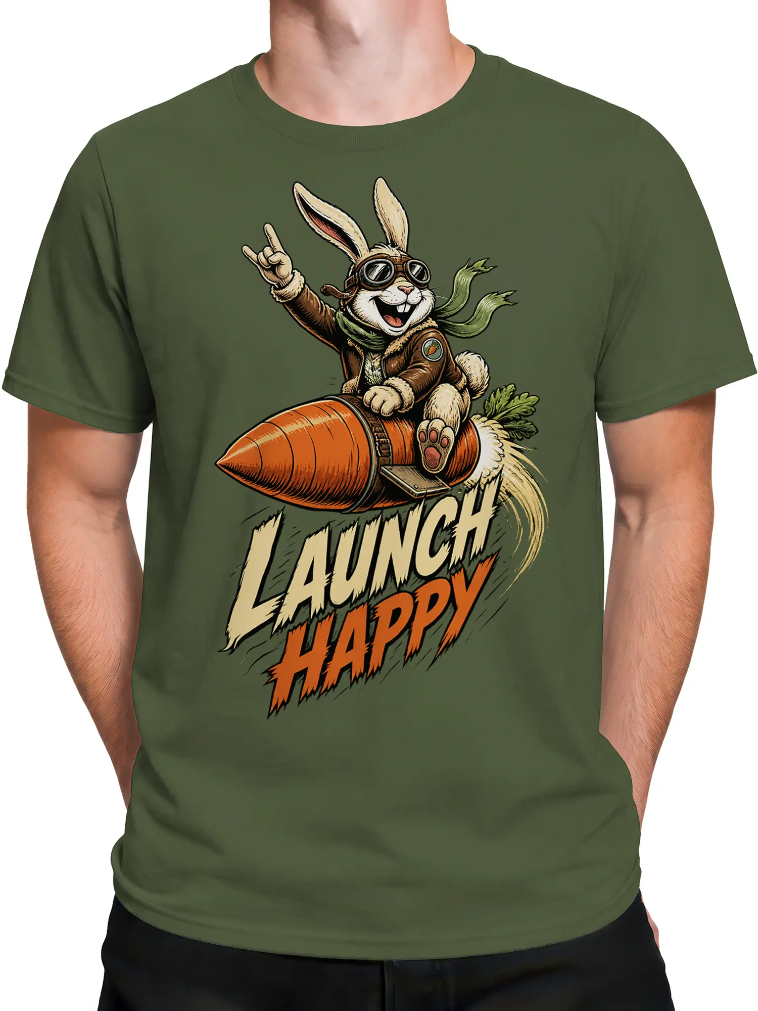 Male torso wearing an olive green T-shirt with a bunny pilot riding a carrot-shaped rocket