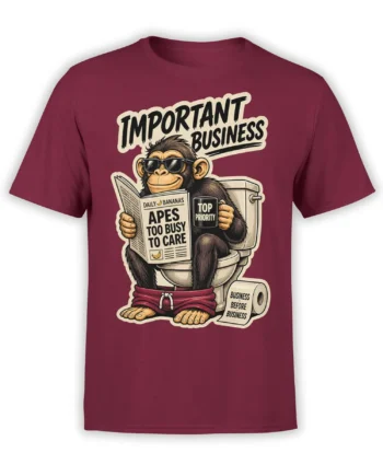 Funny monkey on toilet wearing sunglasses and reading a newspaper on a burgundy T-shirt