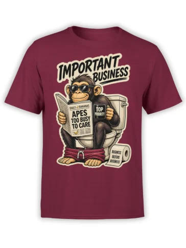 Funny monkey on toilet wearing sunglasses and reading a newspaper on a burgundy T-shirt