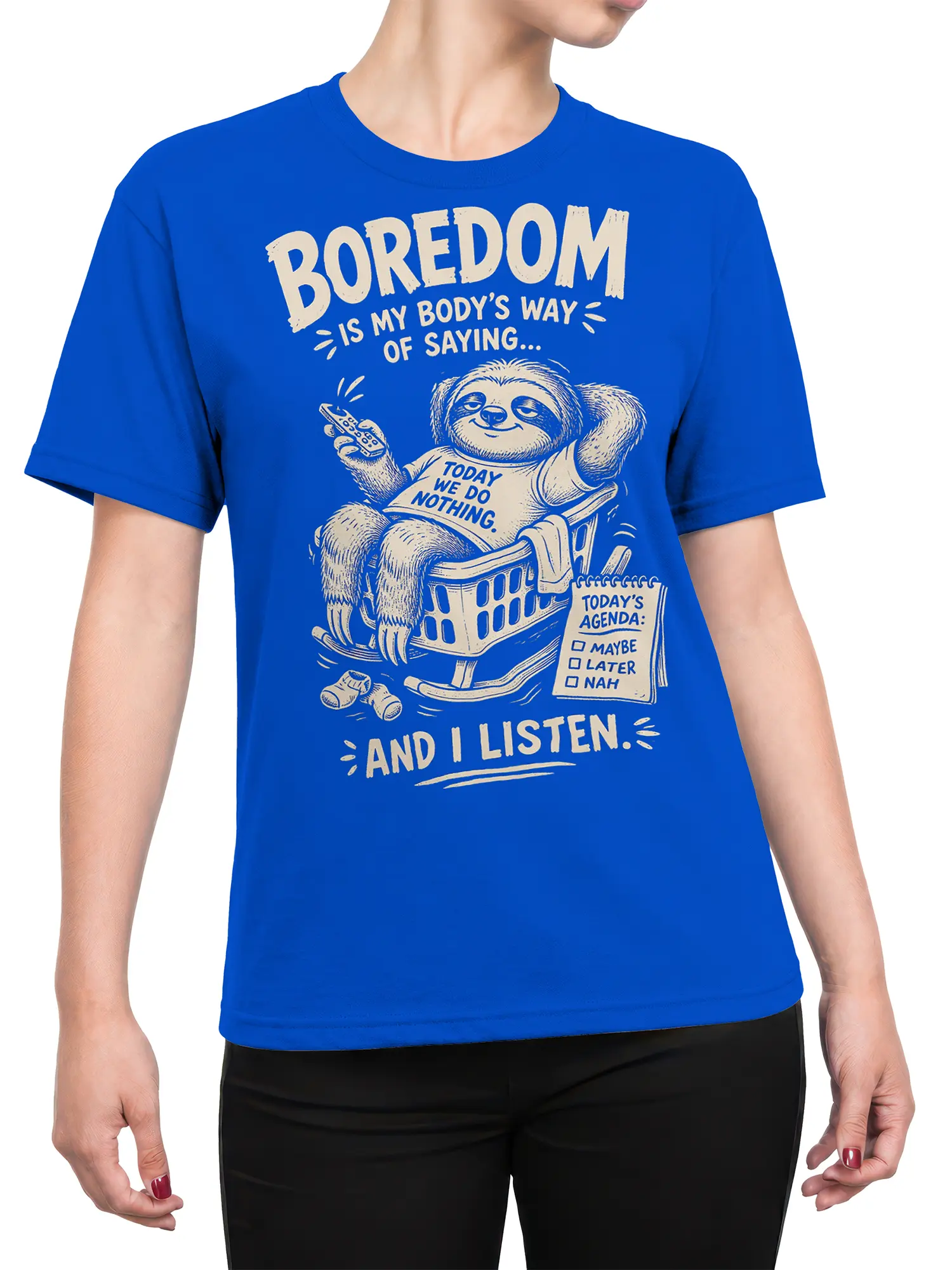 Female torso wearing a blue sloth graphic tee with a relaxed laundry basket scene and humorous lettering
