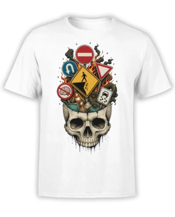 White T-shirt with a weathered skull surrounded by flaming road signs and traffic symbols