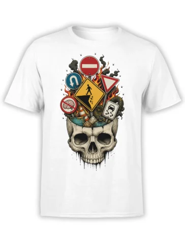 White T-shirt with a weathered skull surrounded by flaming road signs and traffic symbols