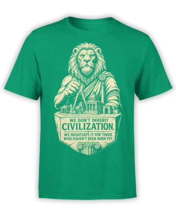 Majestic cream lion in classical armor above Roman-style buildings on a green civilization T-shirt