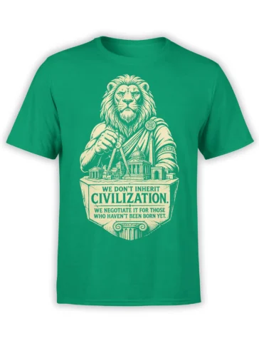 Majestic cream lion in classical armor above Roman-style buildings on a green civilization T-shirt