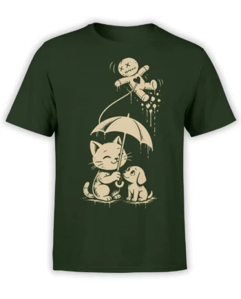 Dark green cat T-shirt with a smiling cat and puppy sharing an umbrella beneath a stitched doll