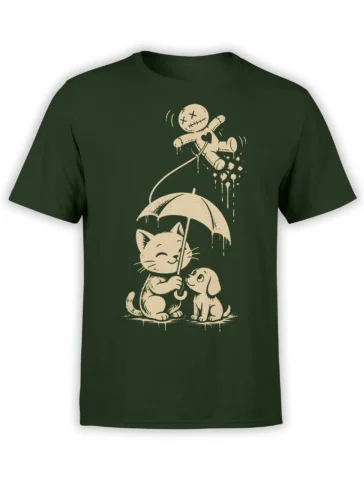 Dark green cat T-shirt with a smiling cat and puppy sharing an umbrella beneath a stitched doll