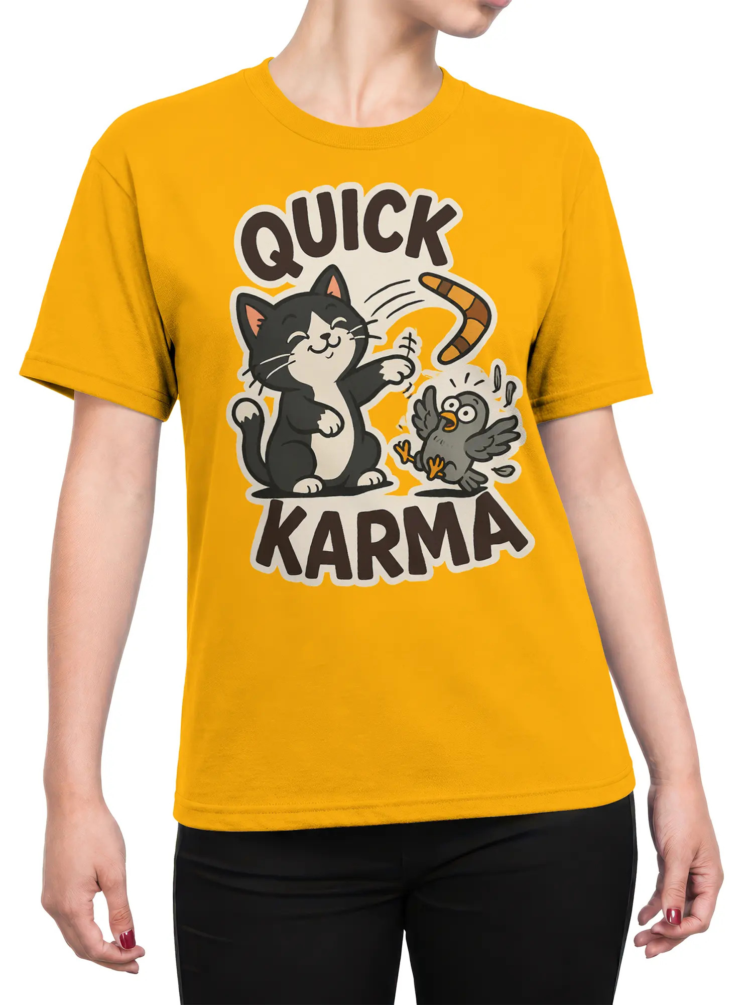 Female torso wearing an orange T-shirt with Quick Karma cat and bird artwork