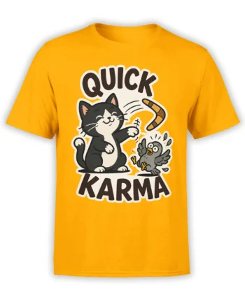 Quick Karma cat and startled bird graphic printed on an orange T-shirt