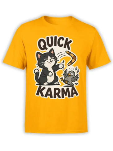 Quick Karma cat and startled bird graphic printed on an orange T-shirt