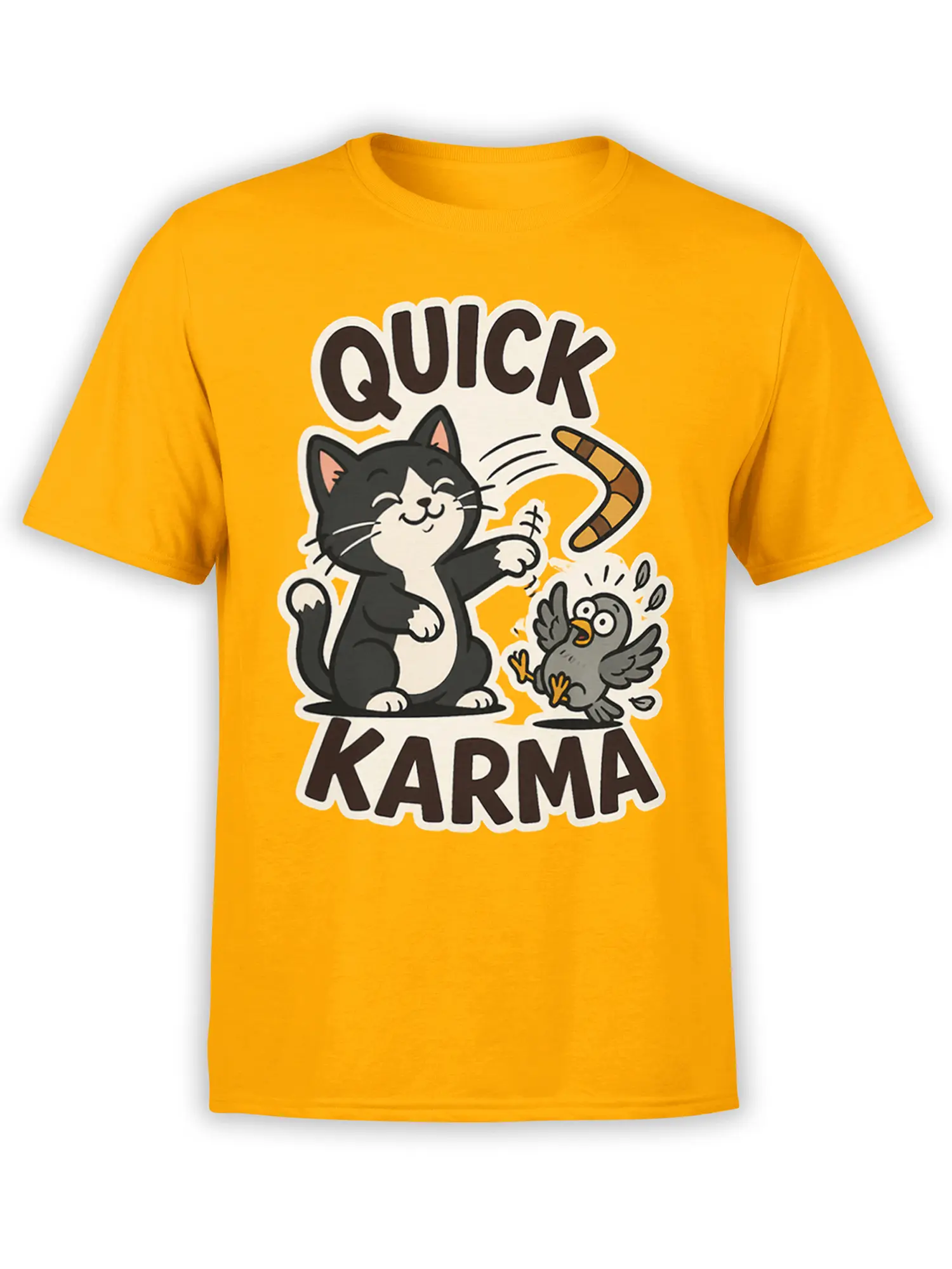 Quick Karma cat and startled bird graphic printed on an orange T-shirt