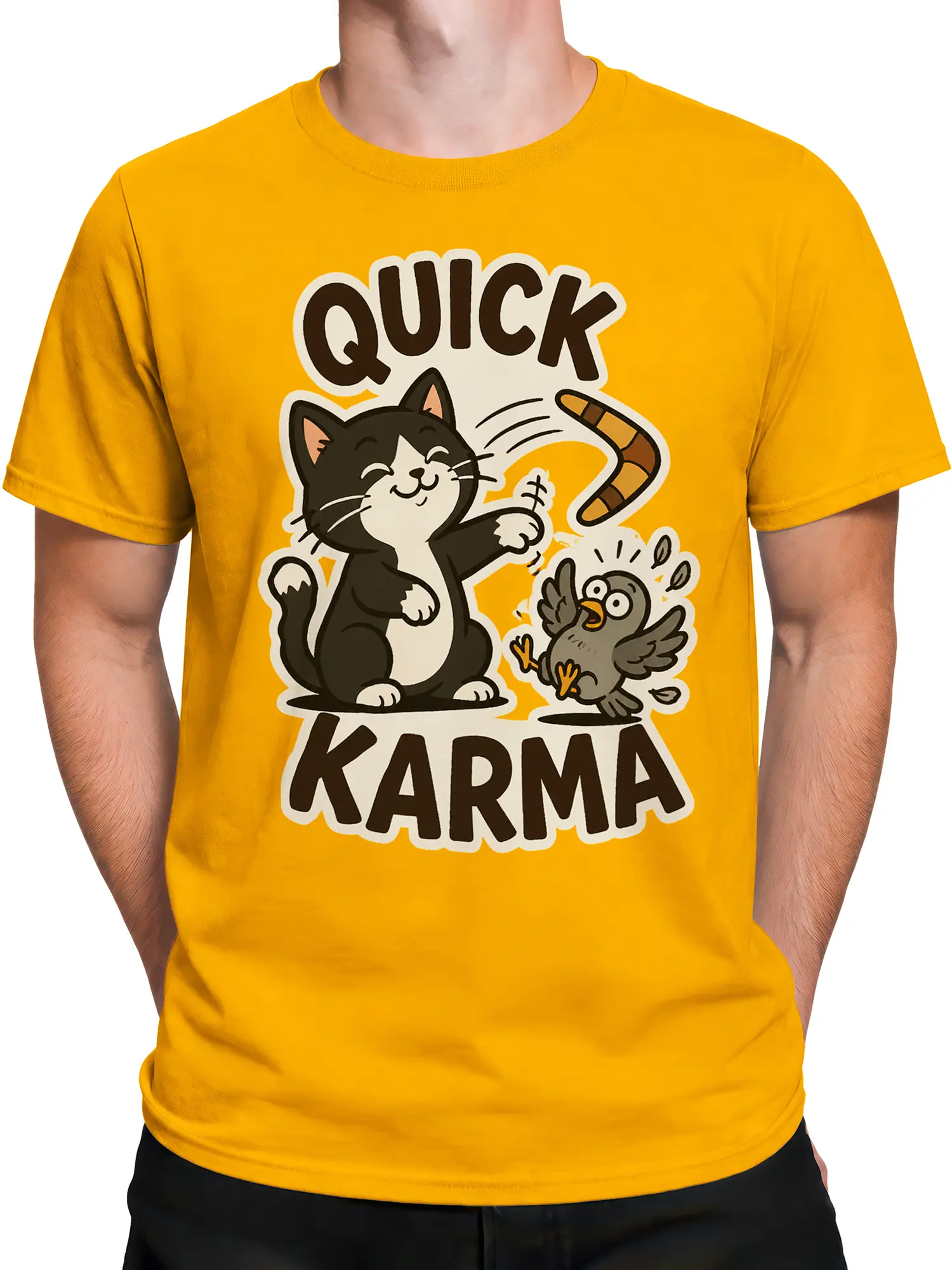 Male torso wearing an orange Quick Karma cat and bird graphic T-shirt