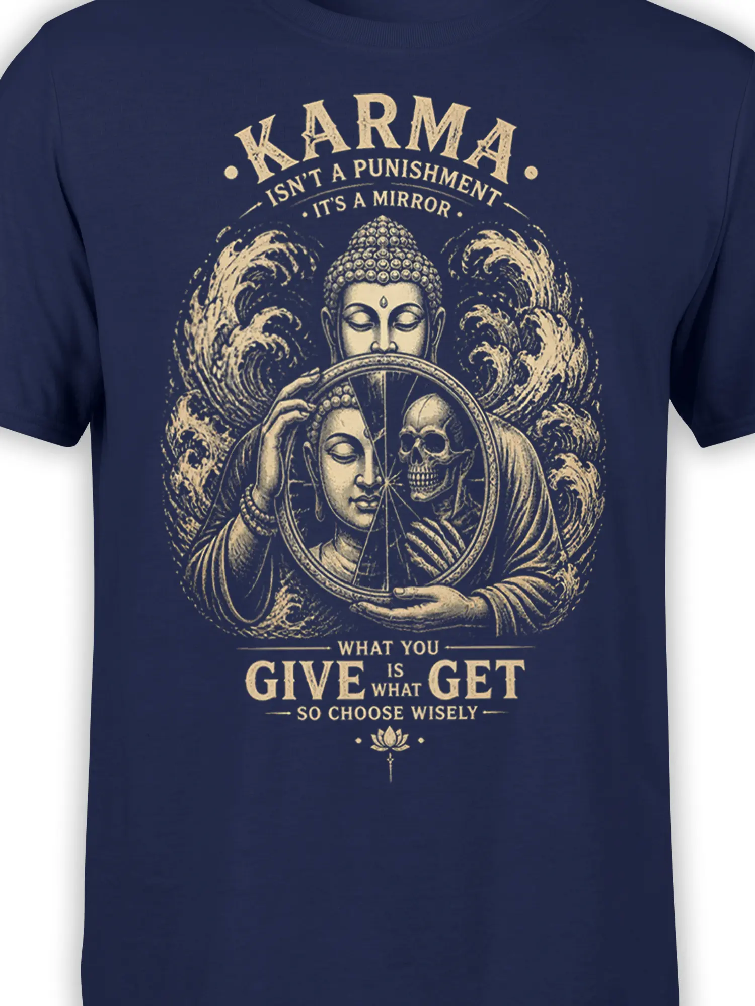 Close-up of karma mirror artwork with serene figure, skull reflection, waves, and cream lettering on navy fabric