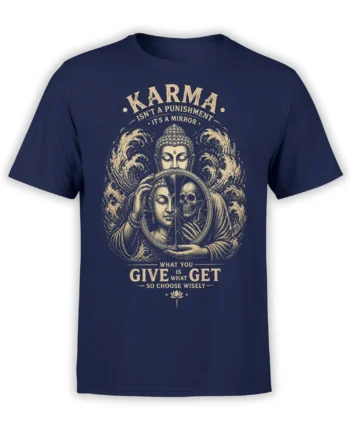 Navy spiritual T-shirt with mirror, skull reflection, waves, lotus, and karma message in cream artwork