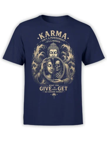 Navy spiritual T-shirt with mirror, skull reflection, waves, lotus, and karma message in cream artwork