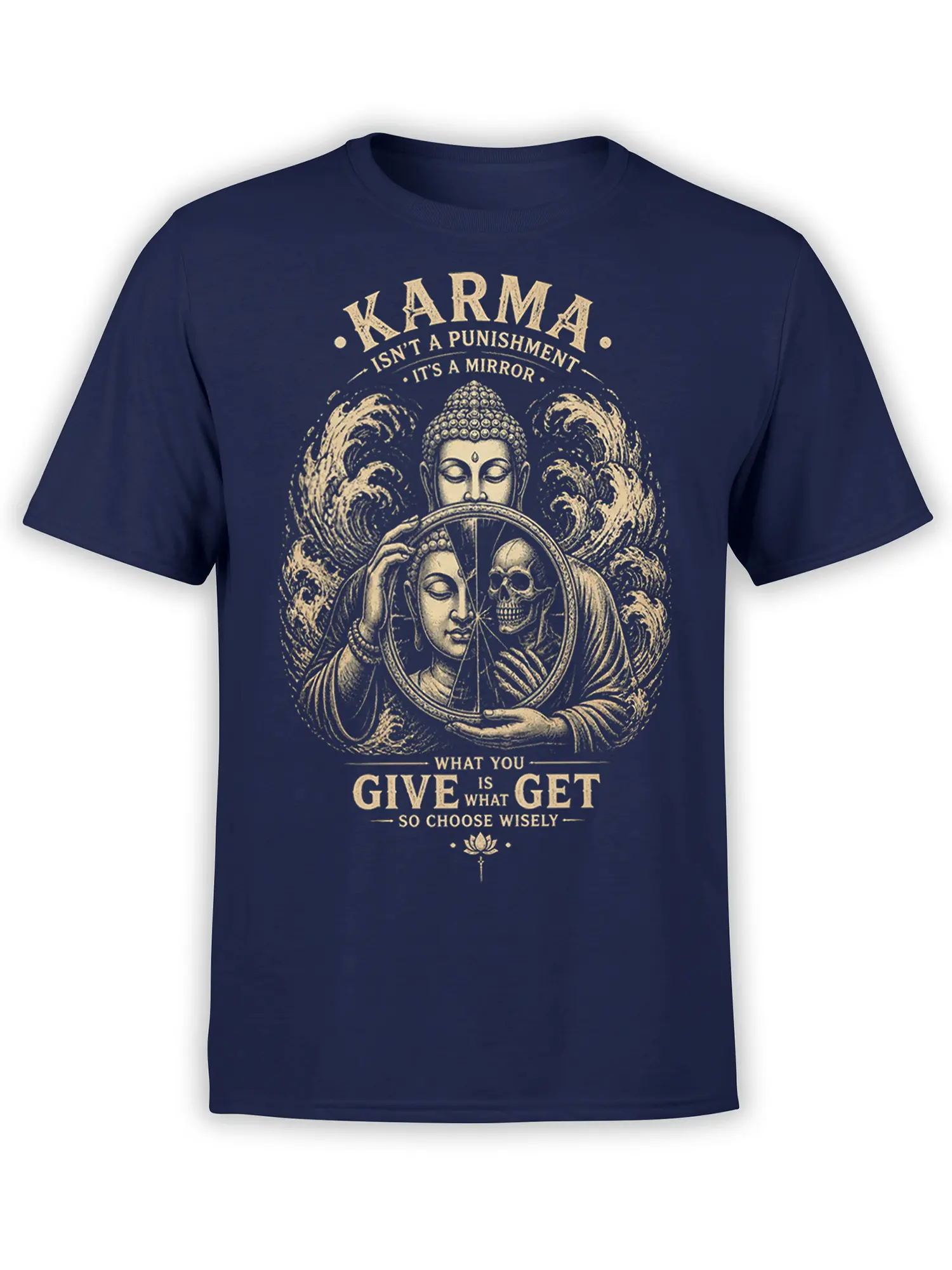 Navy spiritual T-shirt with mirror, skull reflection, waves, lotus, and karma message in cream artwork