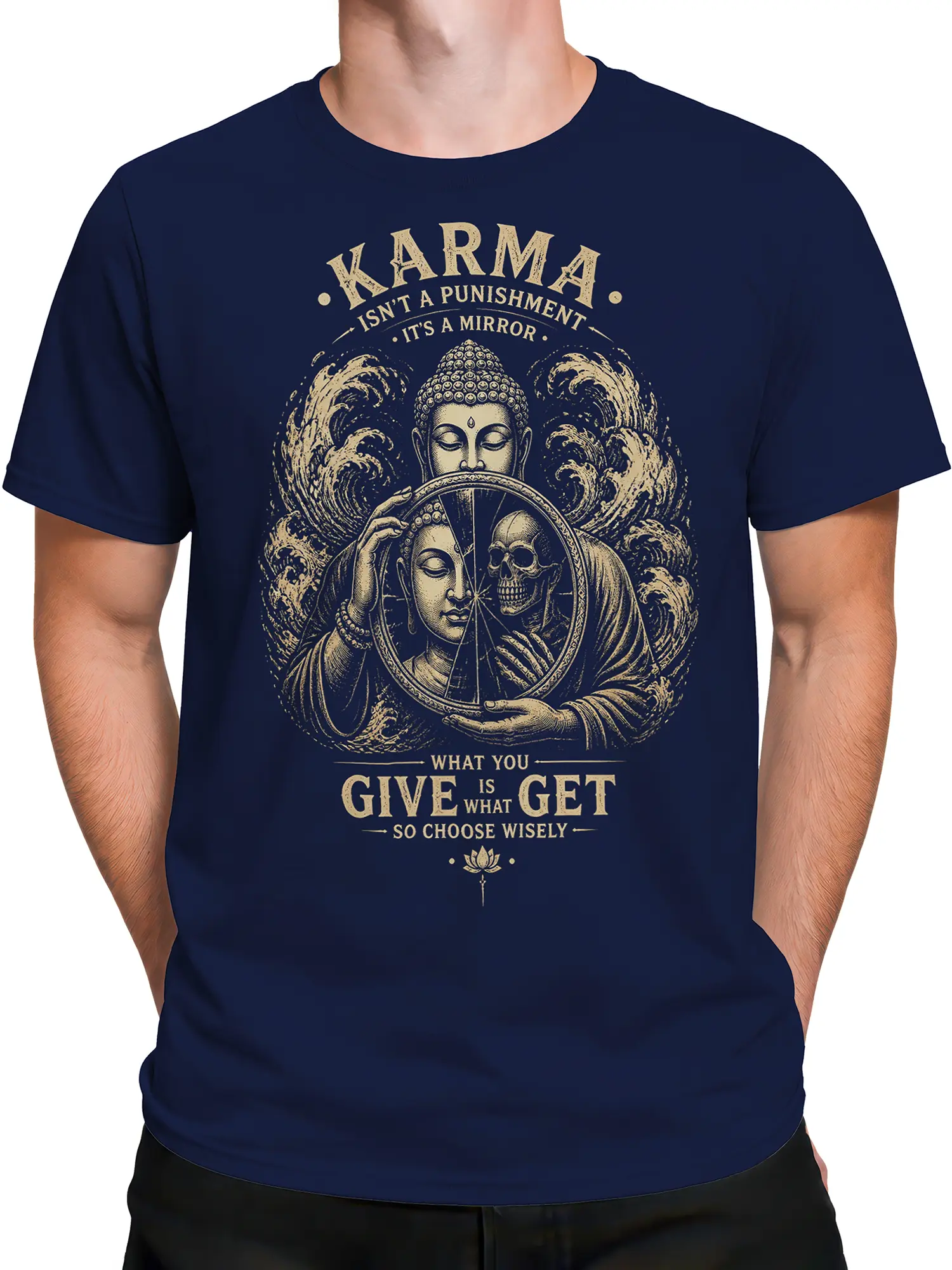 Male torso wearing a navy spiritual T-shirt with karma mirror and skull artwork