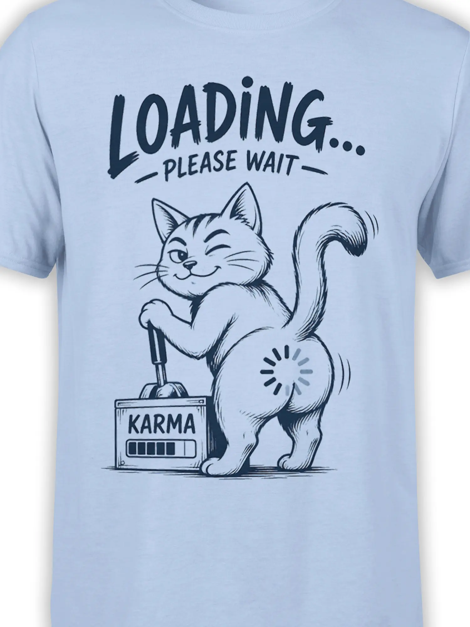 Close-up of winking cat graphic, karma loading bar, and playful text on a light blue shirt