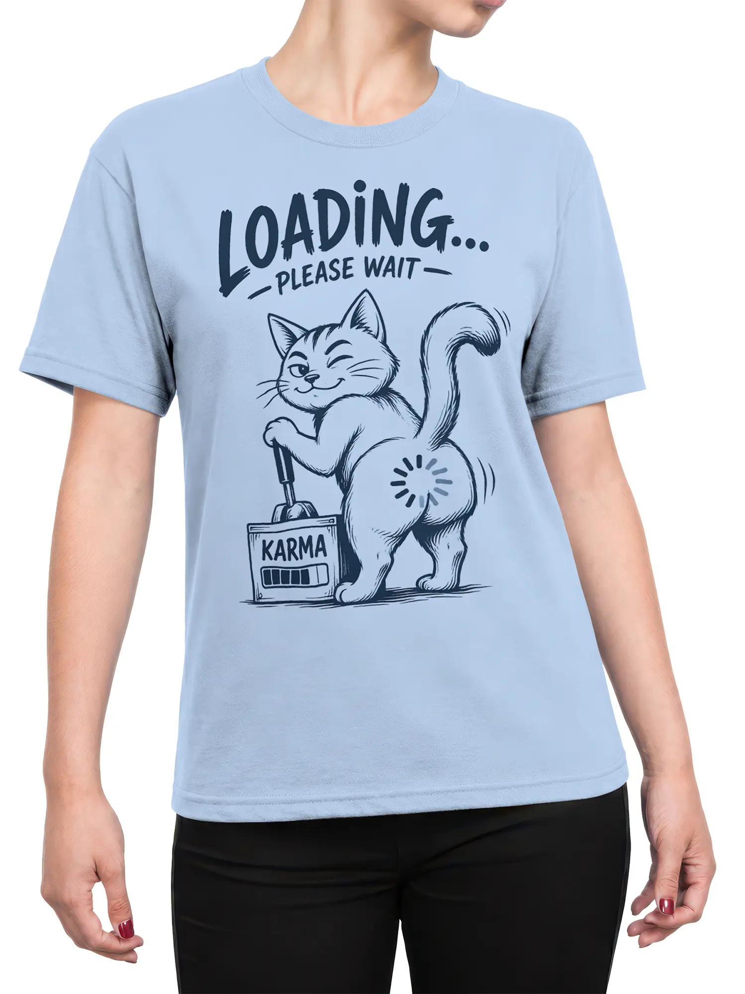 Female torso wearing a light blue karma loading cat graphic T-shirt with a winking cartoon cat