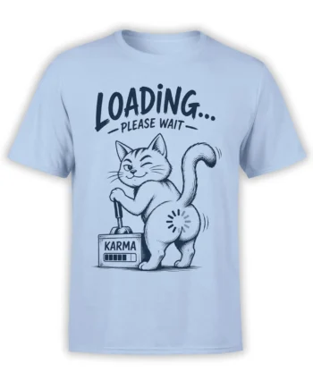 Winking cartoon cat karma loading design with “Please Wait” text on a light blue T-shirt