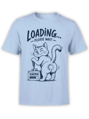 Winking cartoon cat karma loading design with “Please Wait” text on a light blue T-shirt