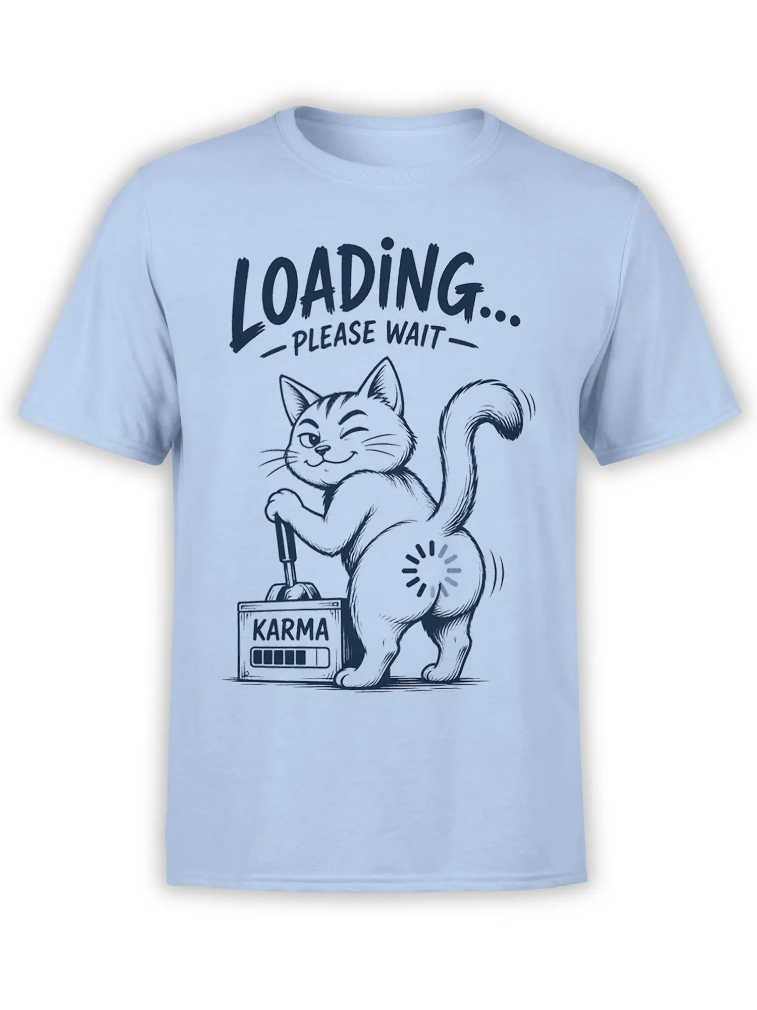 Winking cartoon cat karma loading design with “Please Wait” text on a light blue T-shirt