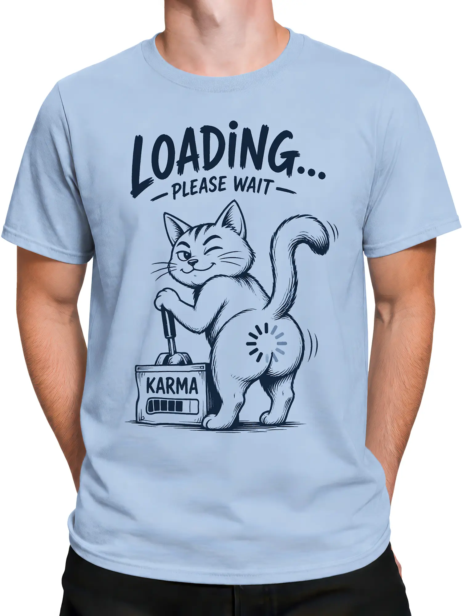 Male torso wearing light blue T-shirt with winking cat and karma loading graphic