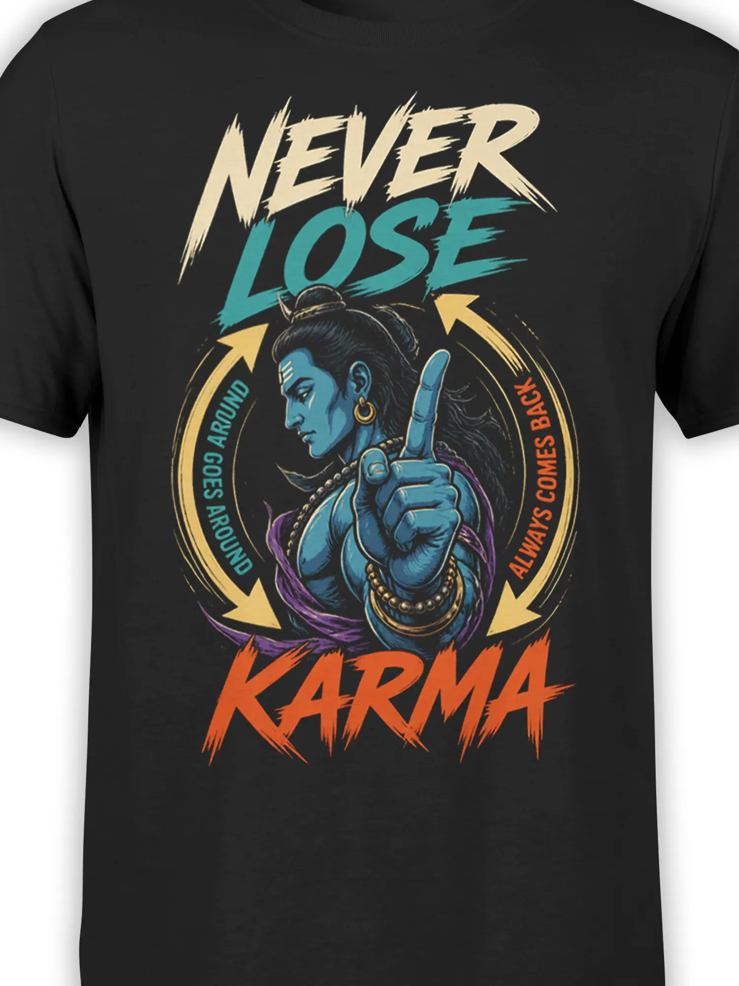 Close-up of blue divine figure and karma artwork on a black graphic T-shirt