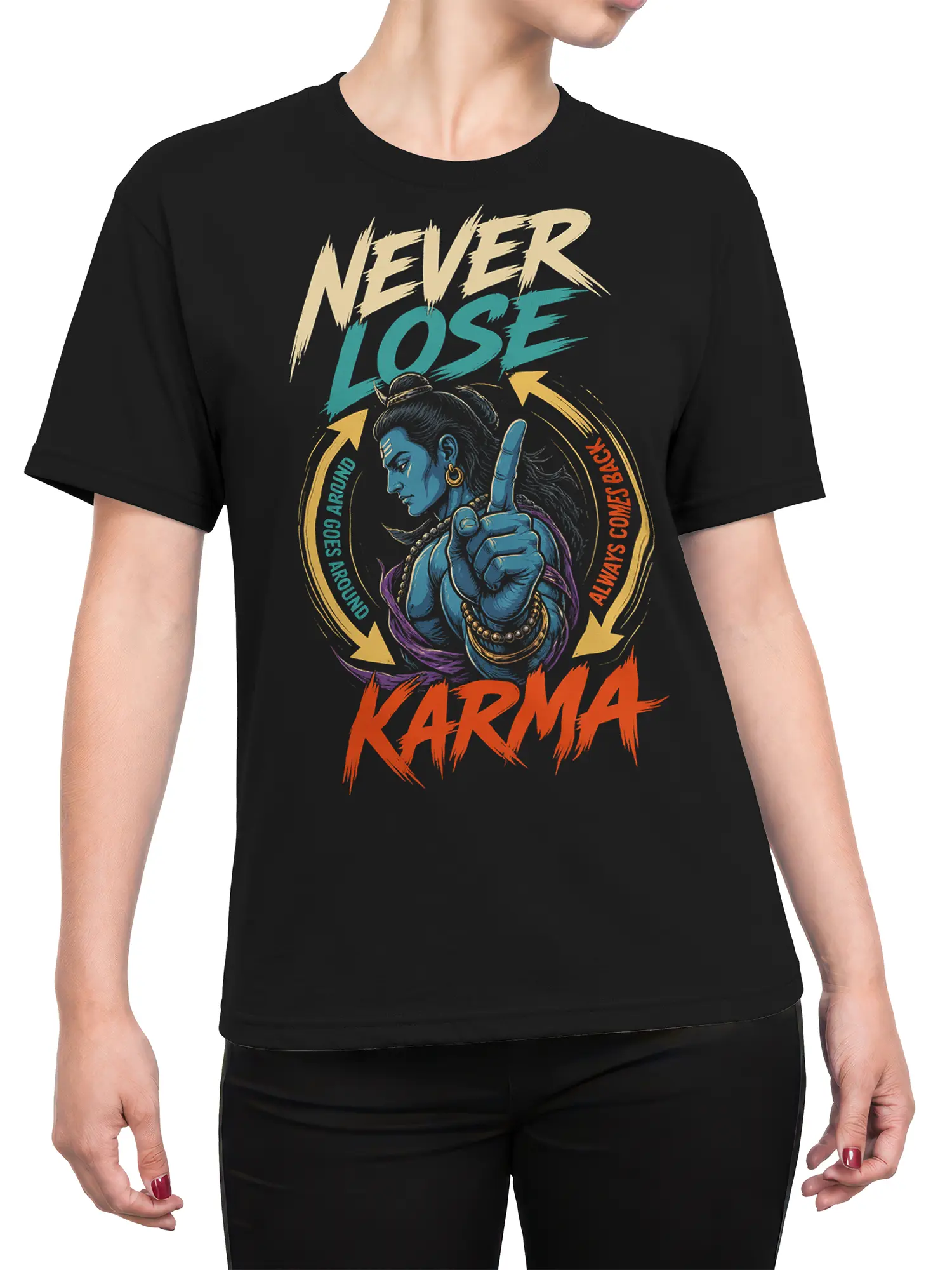 Female torso wearing a black karma T-shirt with blue divine figure and colorful circular artwork