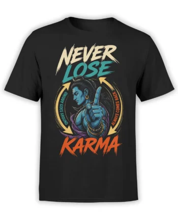 Black karma T-shirt with blue divine figure, raised finger, circular arrows, and colorful vintage lettering