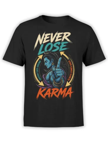 Black karma T-shirt with blue divine figure, raised finger, circular arrows, and colorful vintage lettering
