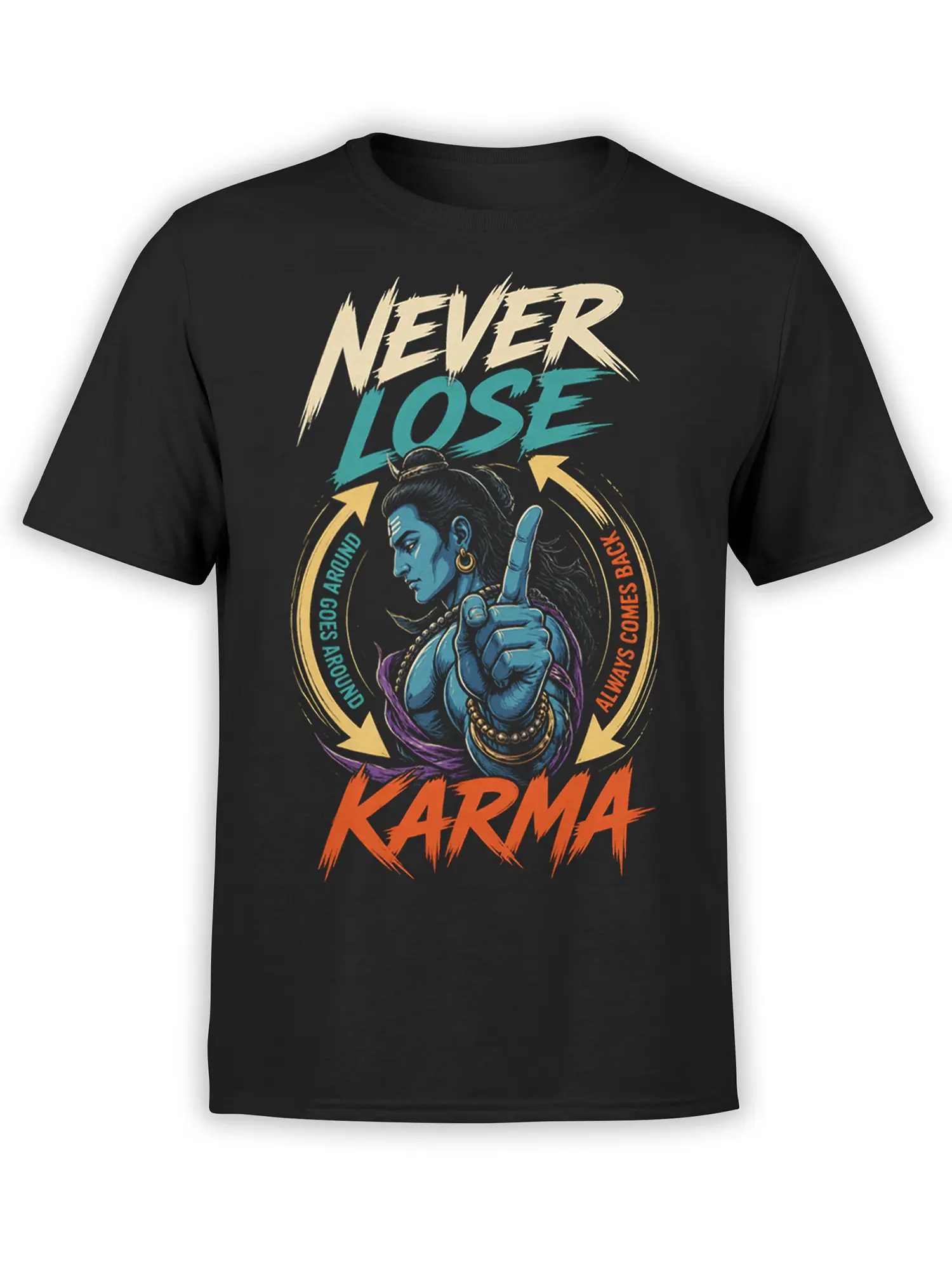 Black karma T-shirt with blue divine figure, raised finger, circular arrows, and colorful vintage lettering