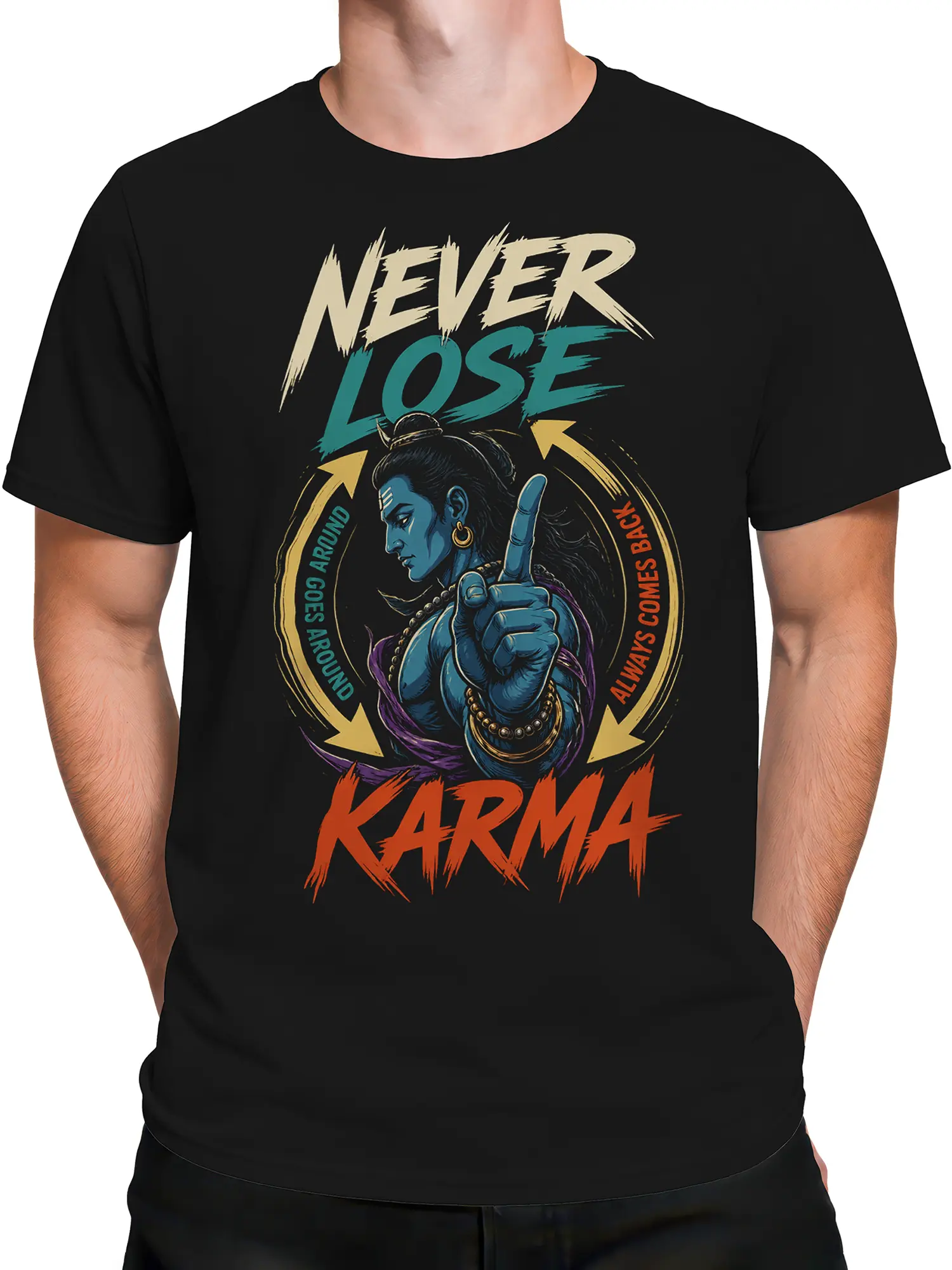 Male torso wearing a black karma T-shirt with blue divine figure and vintage graphic artwork