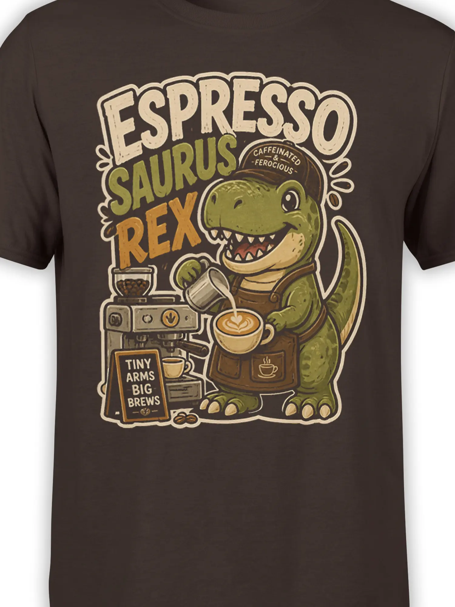 Close-up of green T-Rex barista, latte cup, espresso machine, and retro lettering on brown fabric