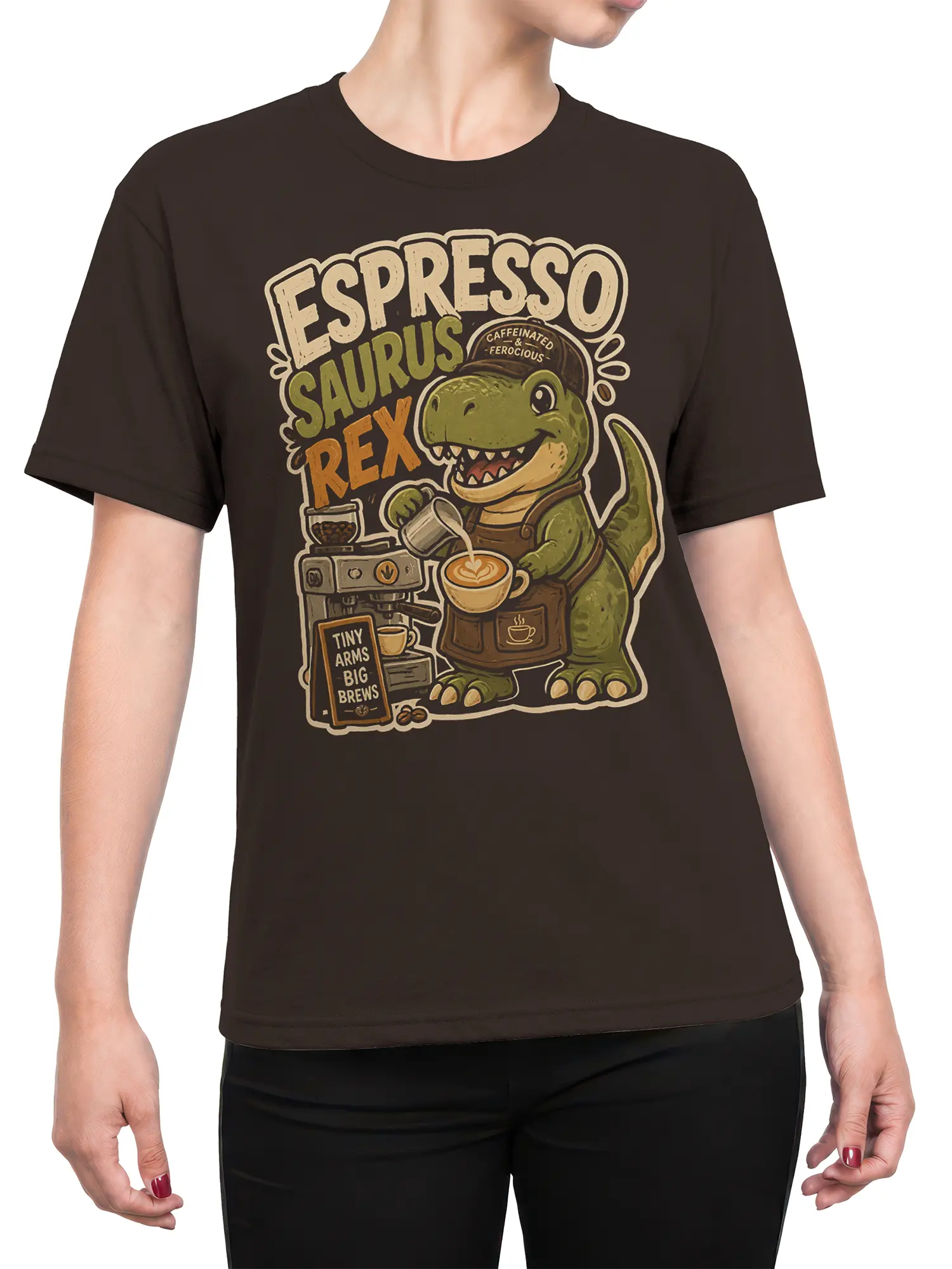 Female torso wearing a brown T-shirt with a caffeinated T-Rex barista and Espresso Saurus Rex design