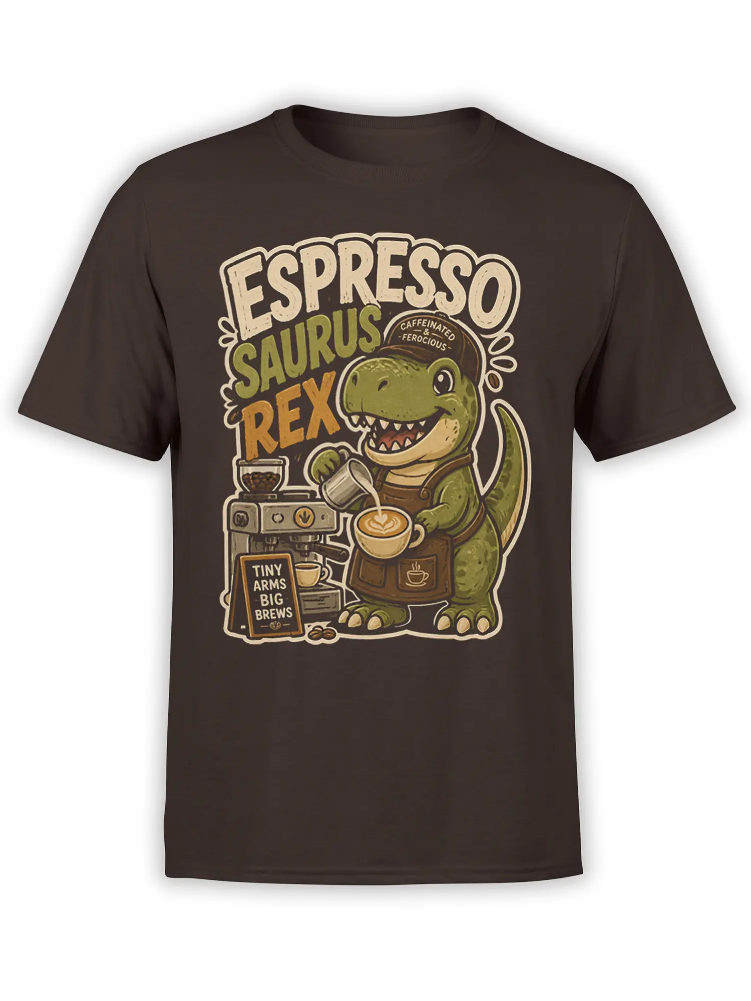 Brown T-shirt with a green T-Rex barista serving espresso under the words Espresso Saurus Rex