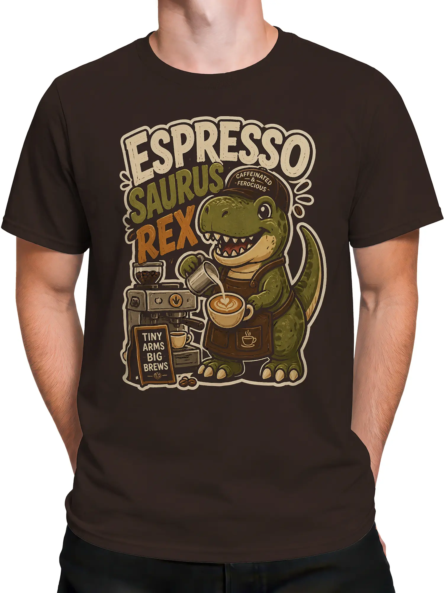 Male torso wearing a brown dinosaur T-shirt with a green T-Rex barista and coffee shop design